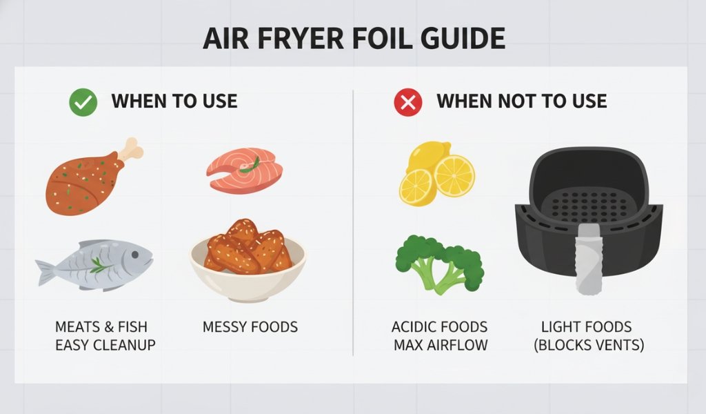Air fryer foil guide infographic showing when to use and when not to use aluminum foil in an air fryer