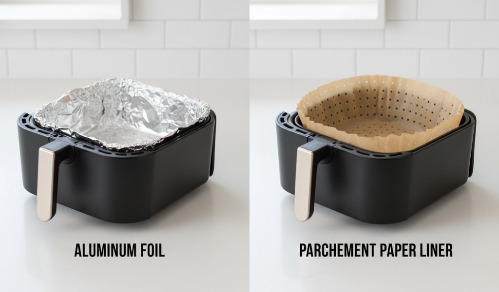 Aluminium foil vs parchment paper liner in an air fryer basket comparison