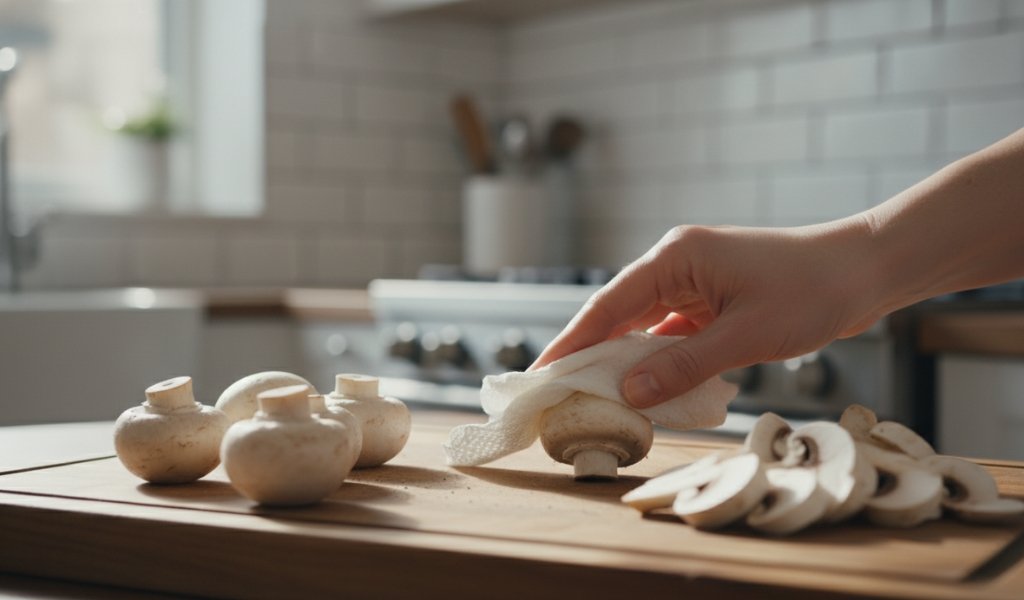 cleaning and slicing fresh mushrooms on cutting board before freezing