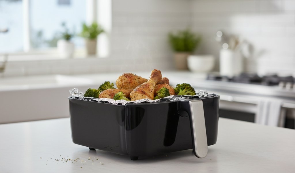 Air fryer basket with aluminum foil cooking seasoned chicken drumsticks and broccoli in a modern kitchen