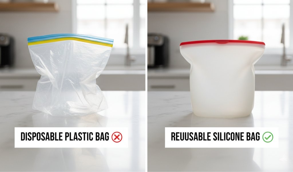 Disposable plastic Ziploc bag vs reusable silicone food storage bag comparison