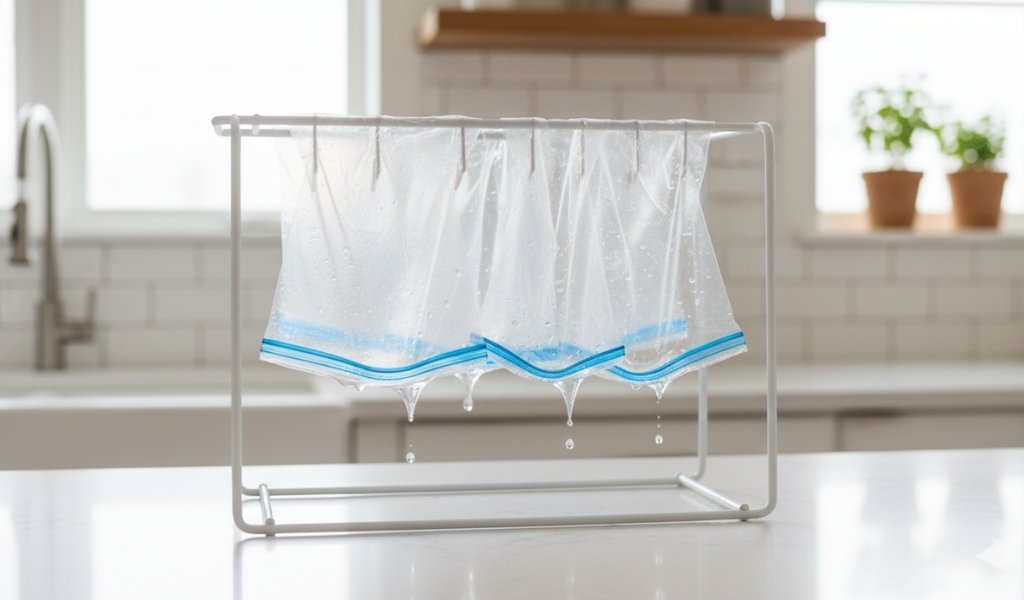 Clean Ziploc bags hanging upside down on a drying rack in a kitchen