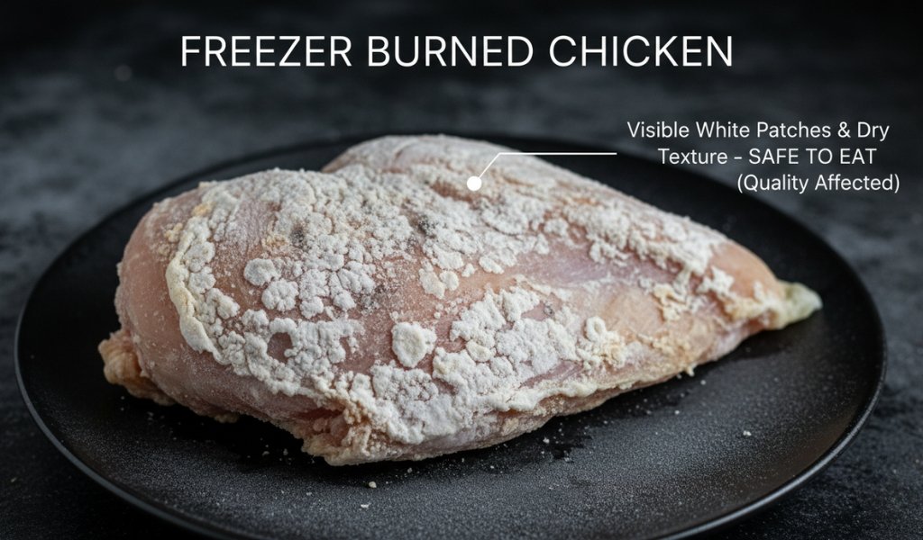 freezer burned chicken breast showing white patches and dry texture on frozen poultry