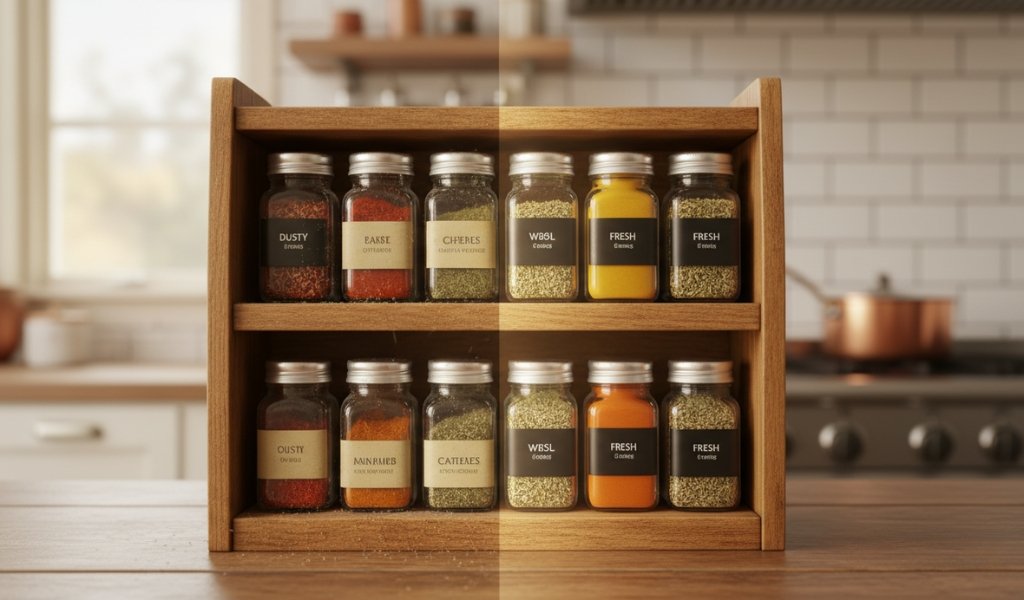 fresh vs old spices comparison showing bright fresh spices and faded expired spices in kitchen spice rack