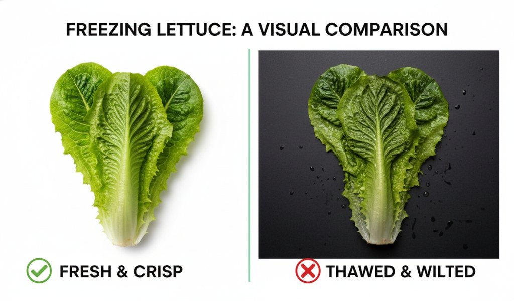 Fresh vs thawed lettuce comparison showing crisp fresh lettuce and soft wilted lettuce after freezing