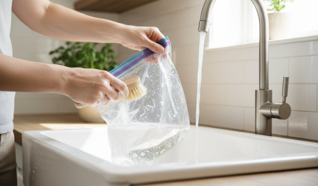 Washing a reusable Ziploc plastic bag with a brush in a kitchen sink