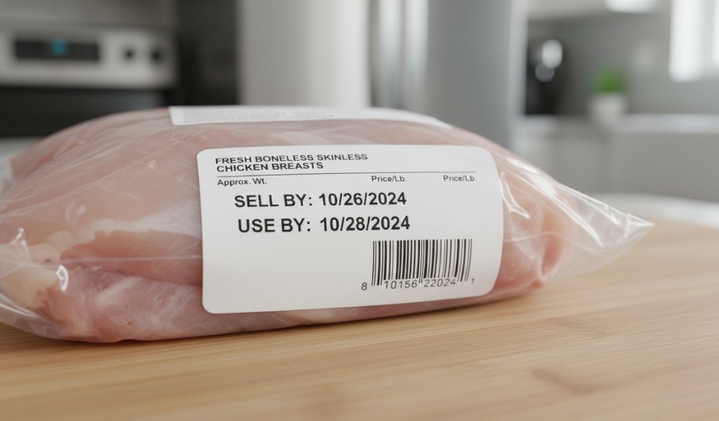 raw chicken package showing sell by date and use by date label on packaged poultry