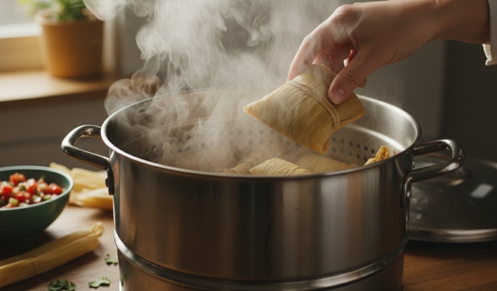 Reheating frozen tamales in a steamer pot to restore texture and flavour