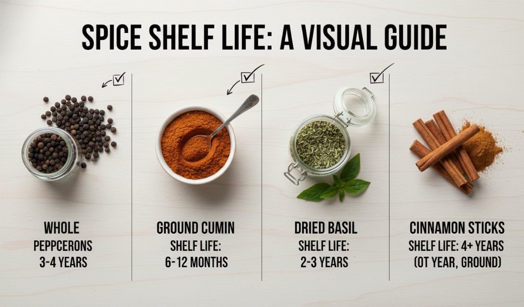 spice shelf life chart showing whole peppercorns ground cumin dried basil and cinnamon sticks with their typical shelf life
