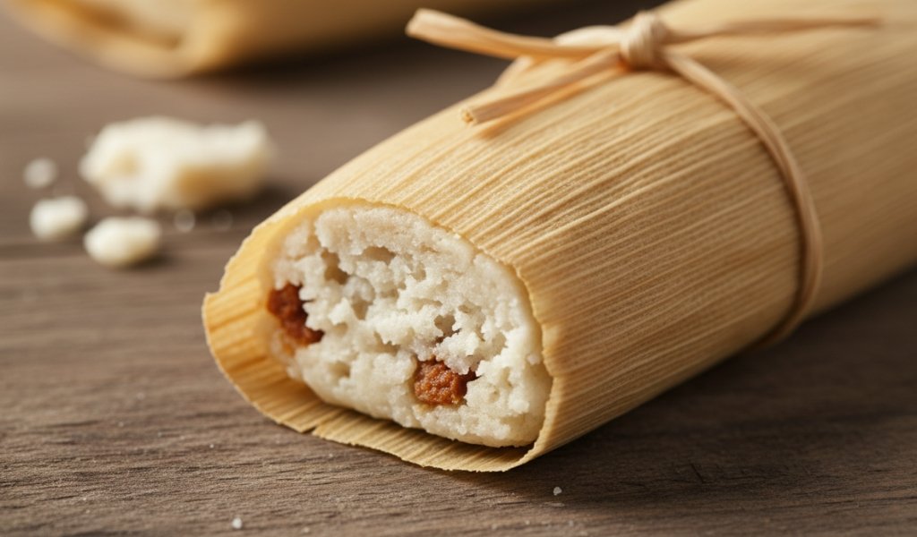 Close-up of a traditional tamale showing masa dough and savory filling wrapped in a corn husk