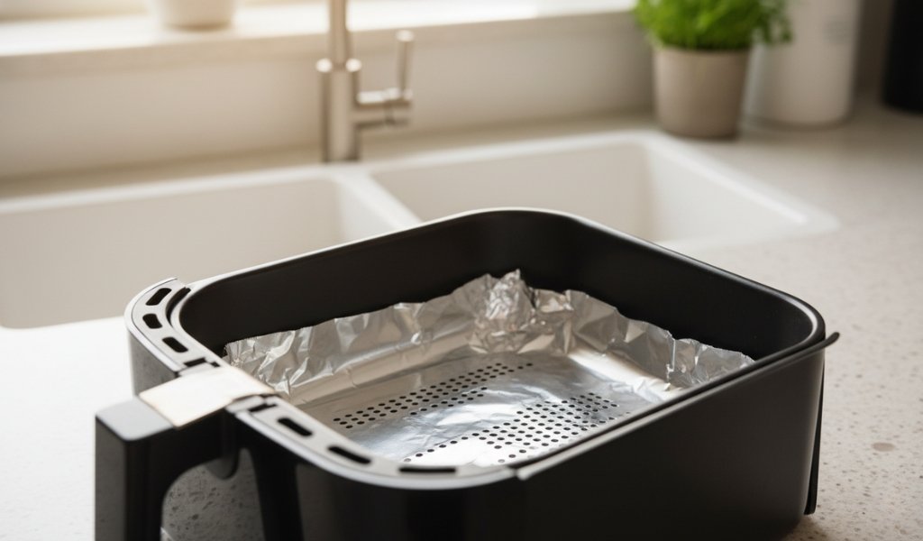 Aluminum foil placed inside an air fryer basket on a kitchen counter