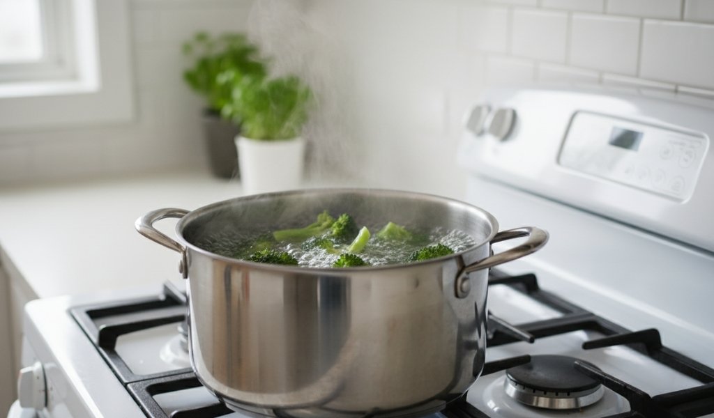 blanching broccoli florets in boiling water before freezing