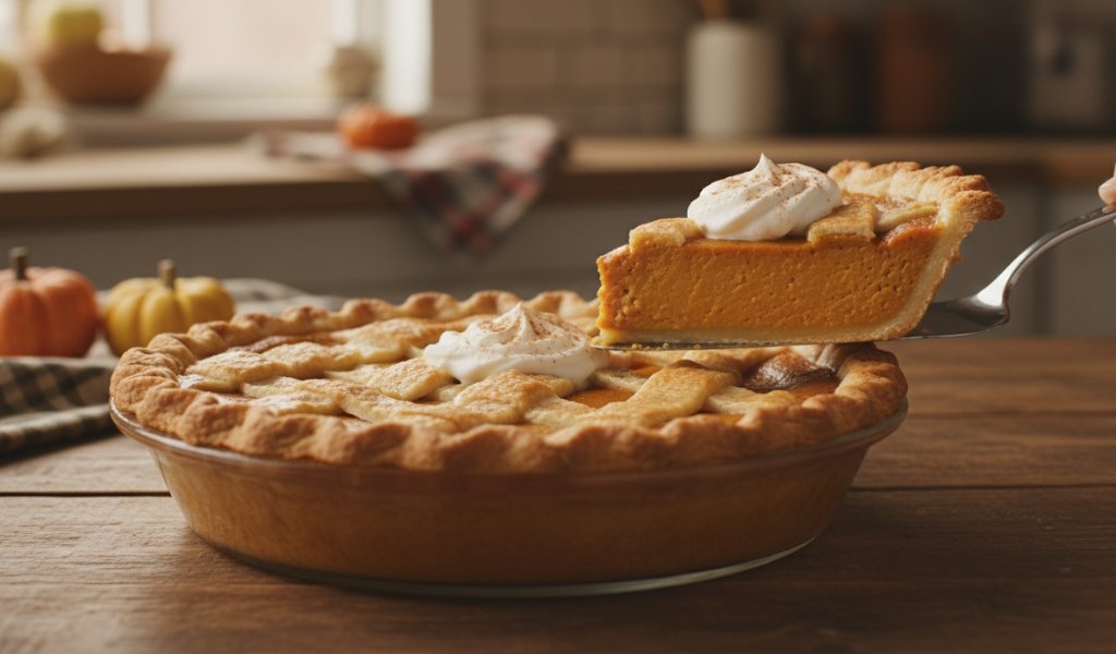 Slice of homemade pumpkin pie with whipped cream being served from a baked pumpkin pie on a wooden table