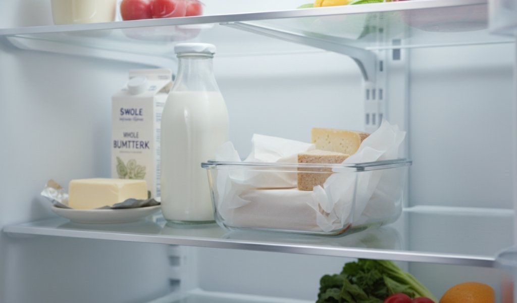 cheese wrapped in parchment paper stored in a refrigerator with milk and butter for proper dairy storage