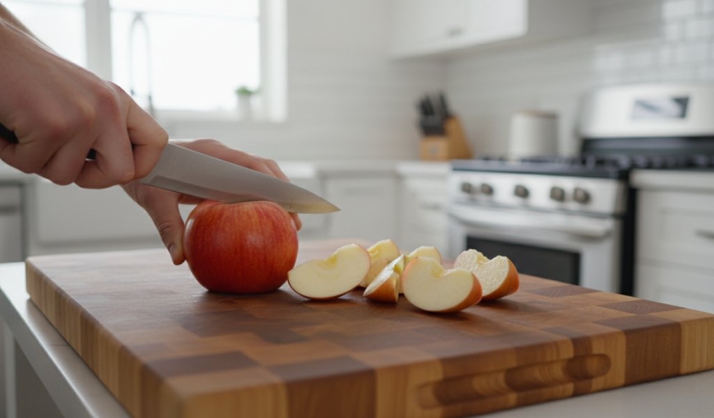 cutting fresh apple slices on a wooden cutting board before freezing apples