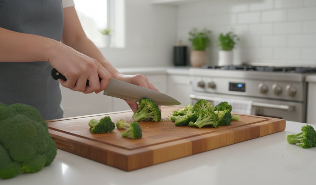 cutting fresh broccoli florets on a wooden cutting board before freezing broccoli