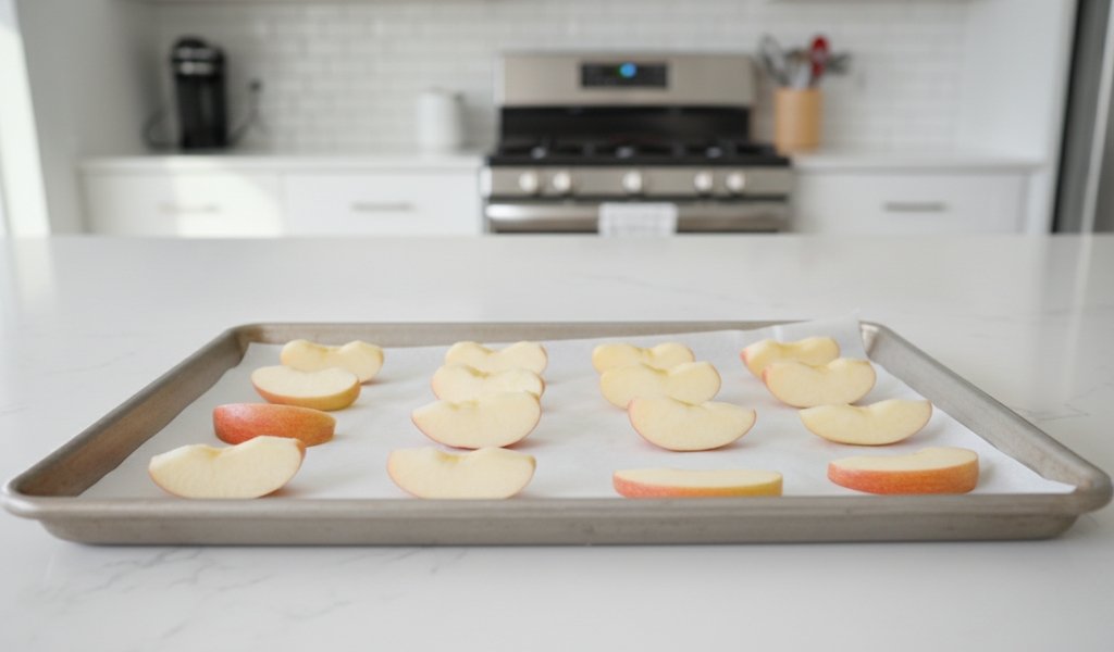 apple slices arranged on a baking tray for flash freezing before storing in freezer bags