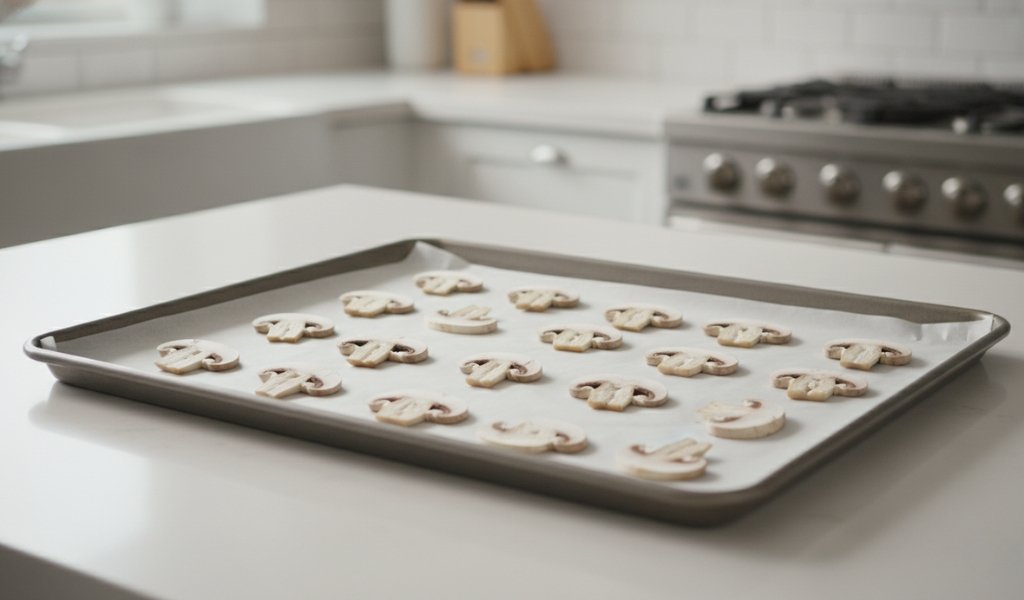 mushroom slices arranged on baking sheet for flash freezing