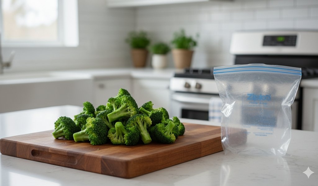 fresh broccoli florets on a cutting board next to a freezer bag ready for freezing broccoli