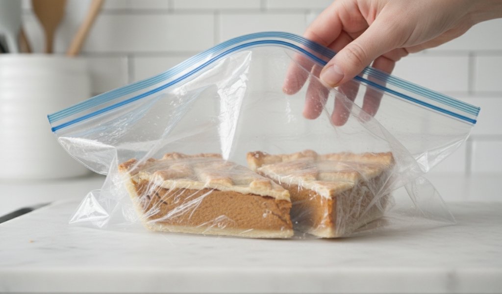Pumpkin pie slices stored in a ziplock freezer bag for freezing and long-term storage