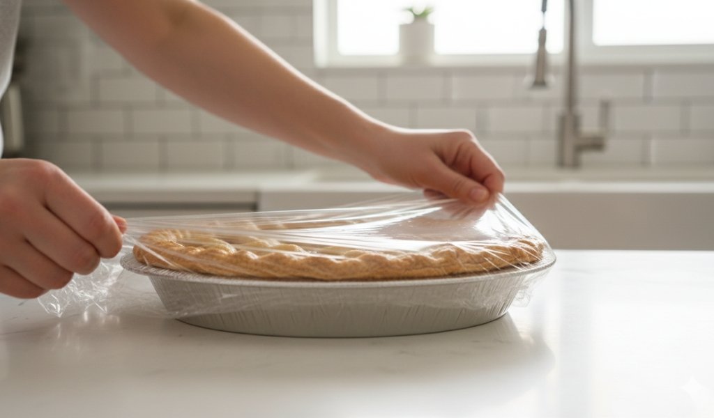 Wrapping a pumpkin pie with plastic wrap before freezing to preserve freshness