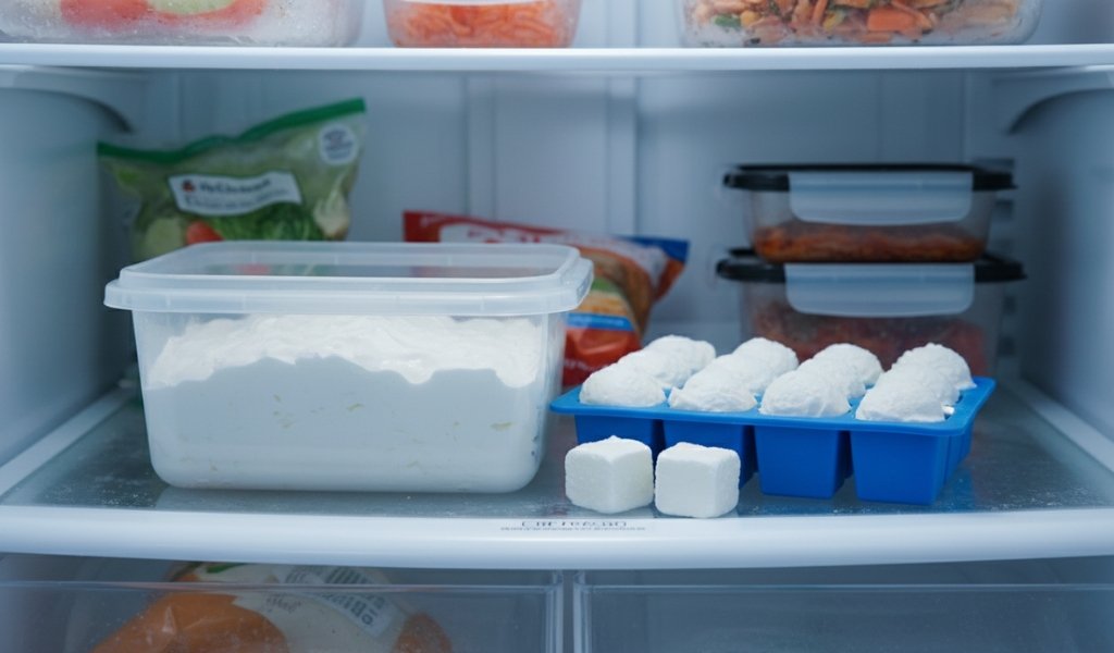 freezing sour cream in ice cube tray and container inside freezer