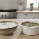 fresh vs spoiled sour cream comparison in kitchen showing moldy sour cream