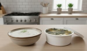 fresh vs spoiled sour cream comparison in kitchen showing moldy sour cream