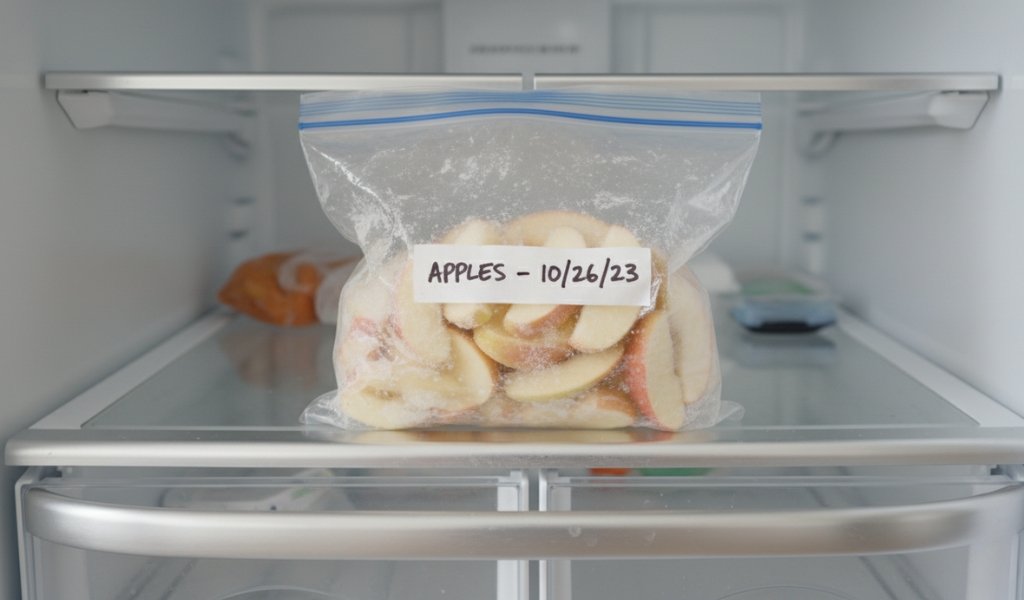 frozen apple slices stored in a labeled freezer bag inside a refrigerator freezer