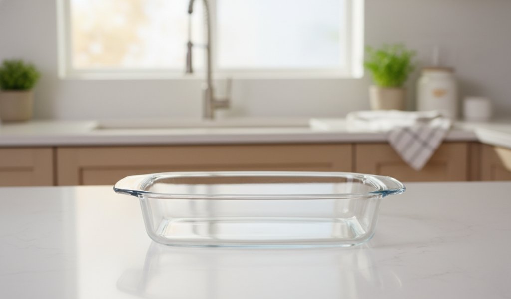 empty clear glass baking dish placed on kitchen countertop