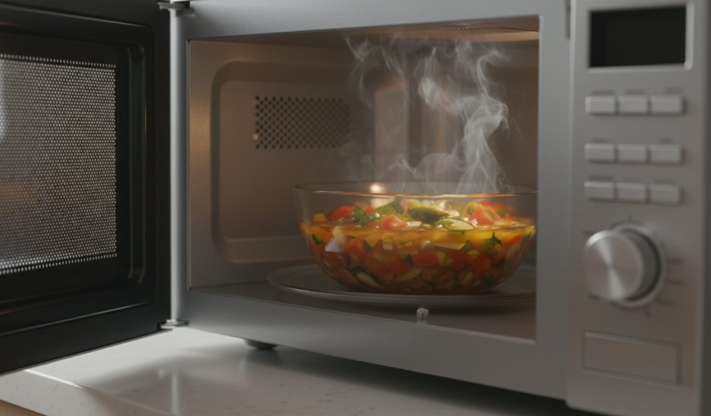 glass bowl heating food inside microwave oven with steam