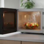 glass bowl heating food inside microwave oven with steam