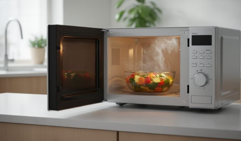 glass bowl heating food inside microwave oven with steam