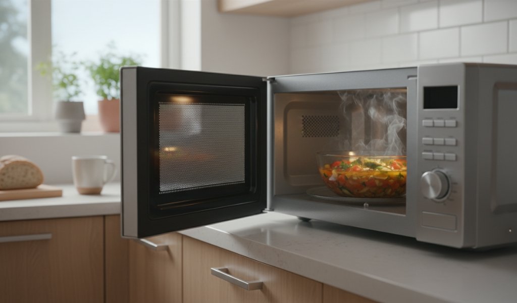 Glass bowl with food being heated inside a microwave oven