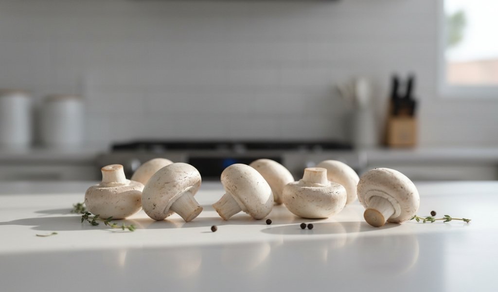fresh white mushrooms on kitchen counter before freezing for storage