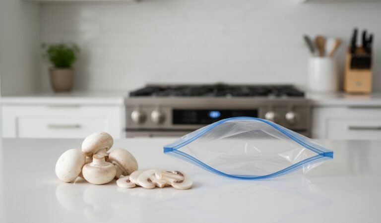 fresh mushrooms and sliced mushrooms next to a freezer storage bag on a kitchen counter