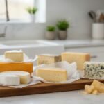 different types of cheese on a wooden board in a kitchen representing proper cheese storage methods