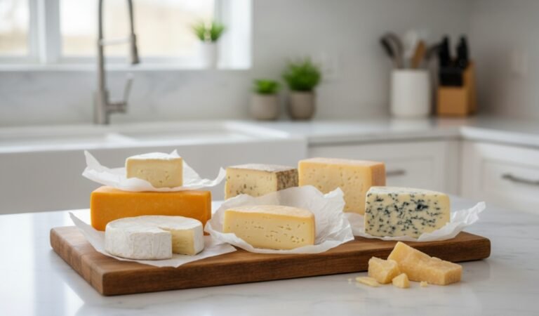 different types of cheese on a wooden board in a kitchen representing proper cheese storage methods
