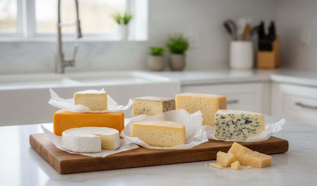 different types of cheese on a wooden board in a kitchen representing proper cheese storage methods