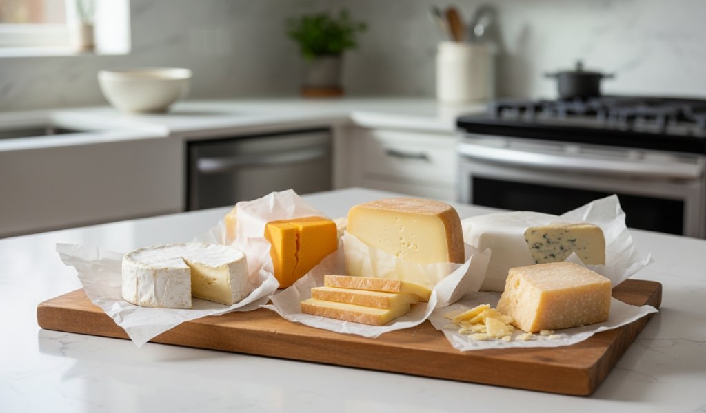 different types of cheese on a wooden board in a kitchen showing proper cheese storage preparation