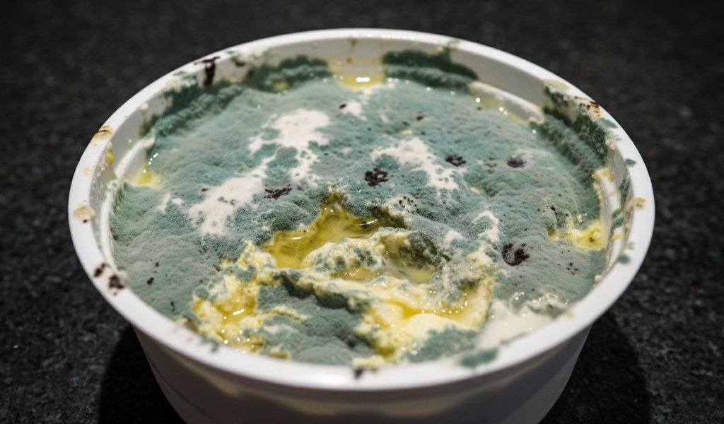 moldy sour cream with green mold and spoiled texture close up