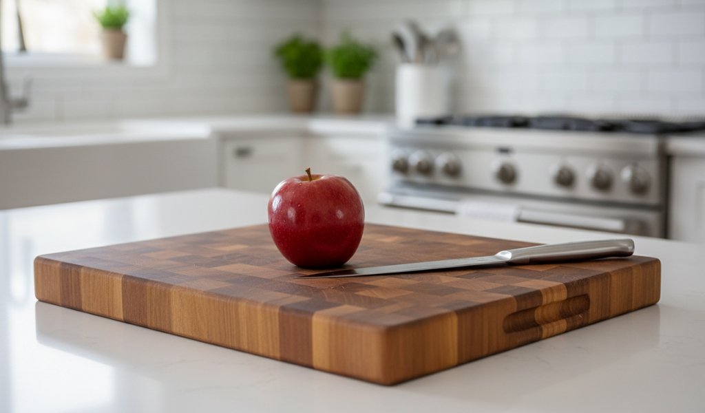 fresh red apple on a wooden cutting board with knife preparing apples for freezing