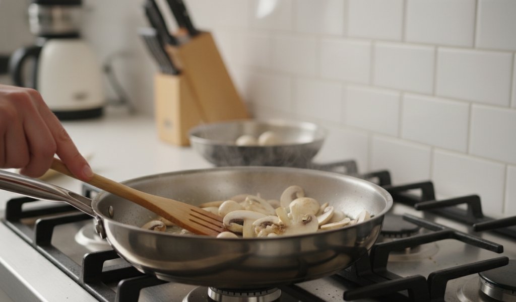 sauteing sliced mushrooms in a pan before freezing for storage