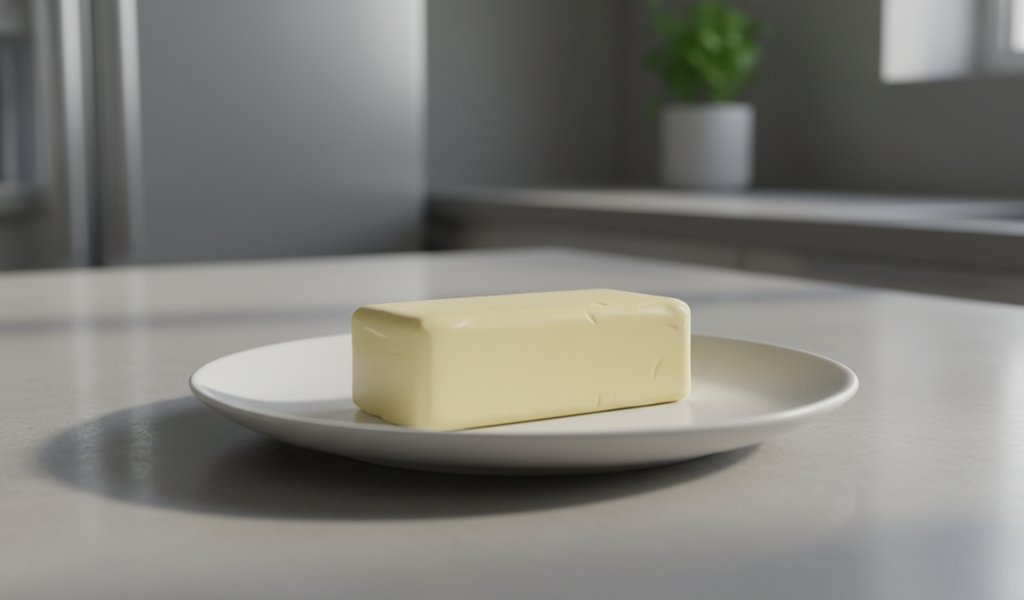 softened butter on a plate in a kitchen countertop