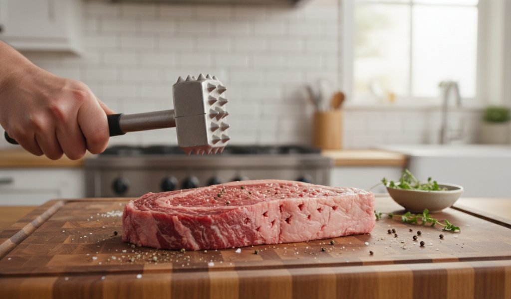 tenderizing raw steak with a meat mallet on a wooden cutting board in a kitchen