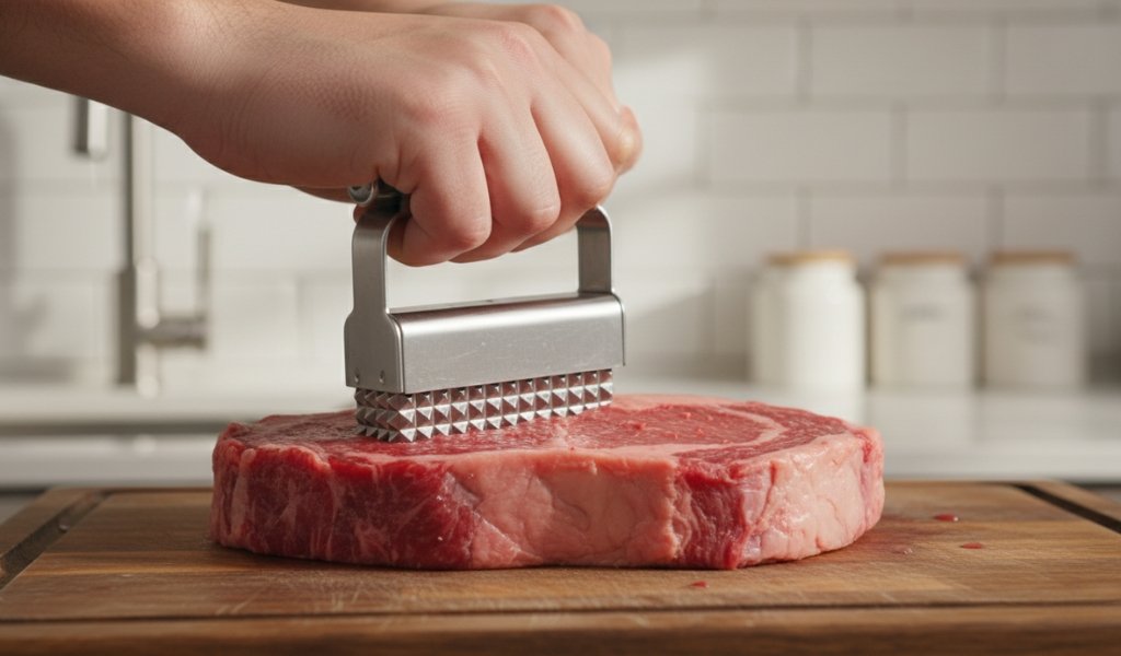 tenderizing raw steak with a metal meat tenderizer on a wooden cutting board