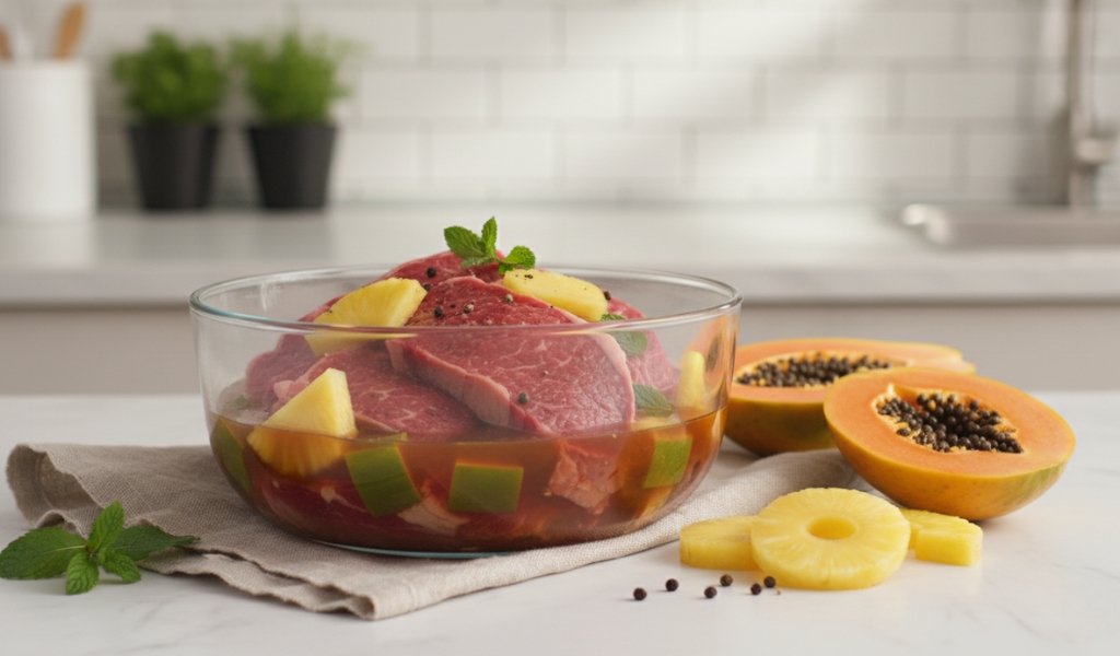 tenderizing raw meat with papaya and pineapple marinade in a glass bowl