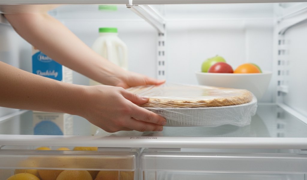 Wrapped pumpkin pie being placed in a refrigerator for slow thawing and storage