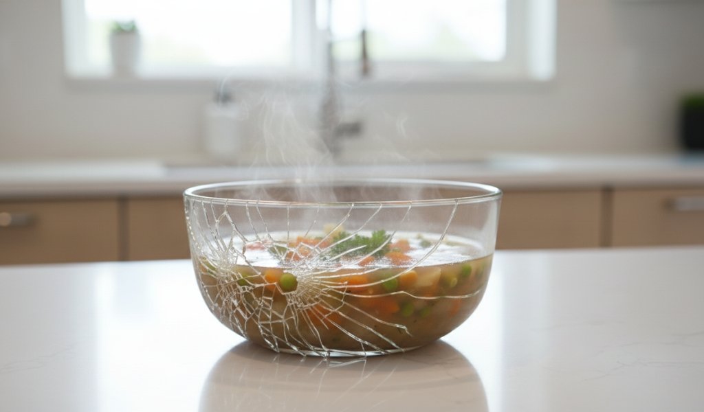 glass bowl cracked due to thermal shock with hot soup inside