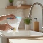 Washing a Ziploc plastic bag with soap and brush in a kitchen sink